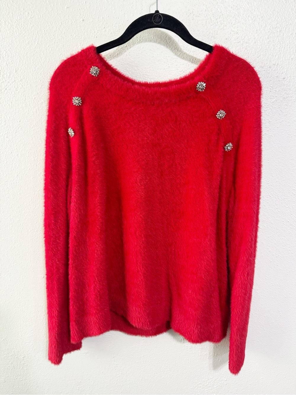 Talbots Red Fuzzy Crewneck Sweater with Rhinestone Buttons large Christmas